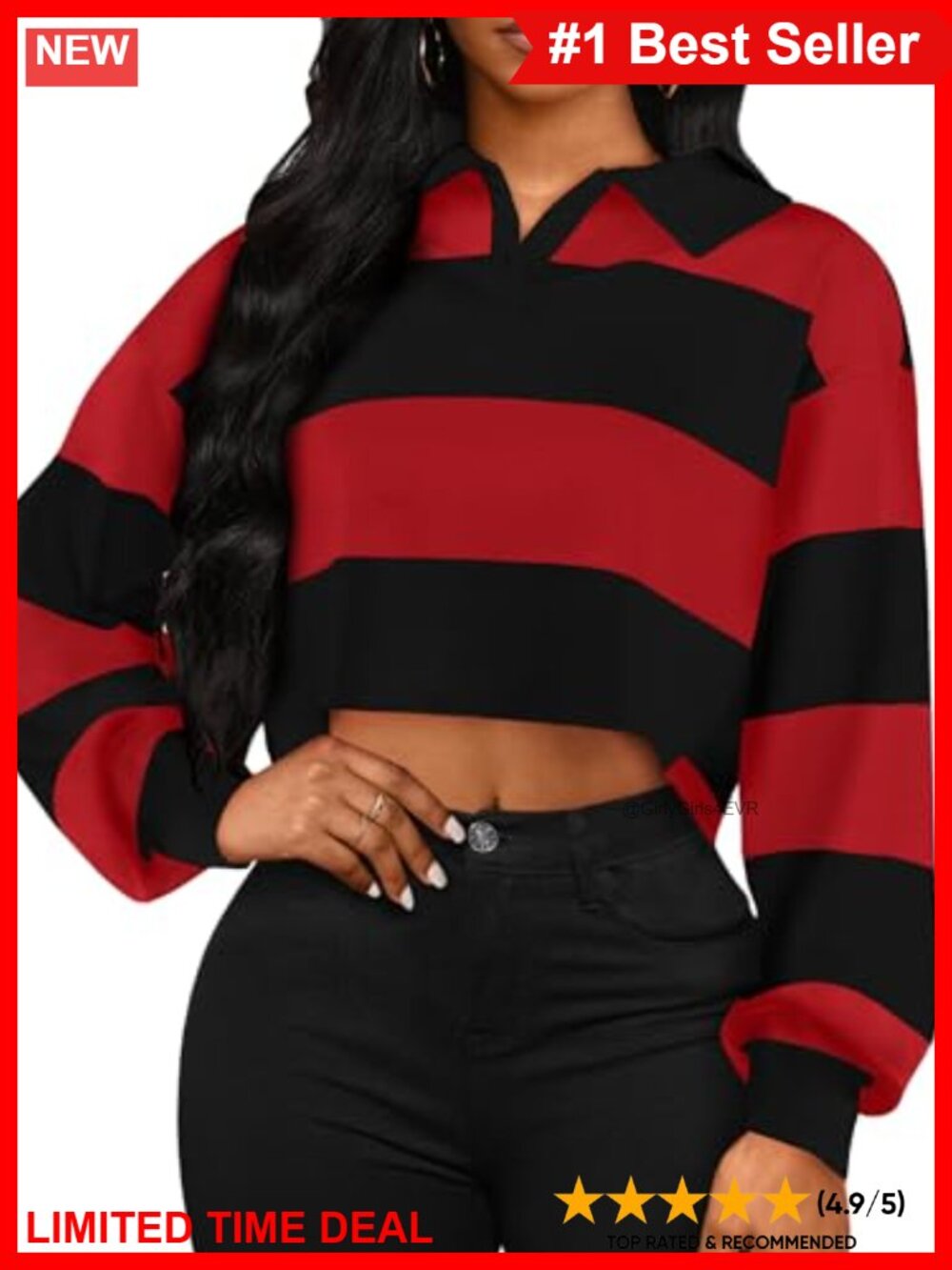 Striped Cropped Sweatshirt Polo Collar Long Sleeve Pullover Crop Top